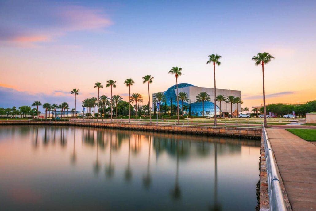 a large body of water surrounded by palm trees.