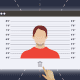 a hand is pointing to a person's mugshot on a computer screen.