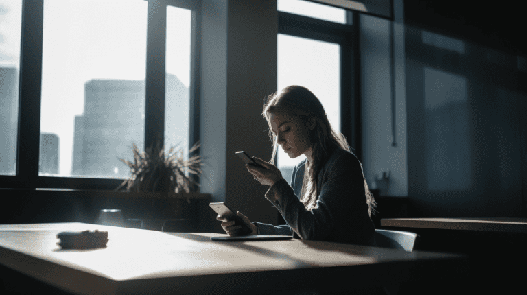 a woman sitting at a table looking at her phone.