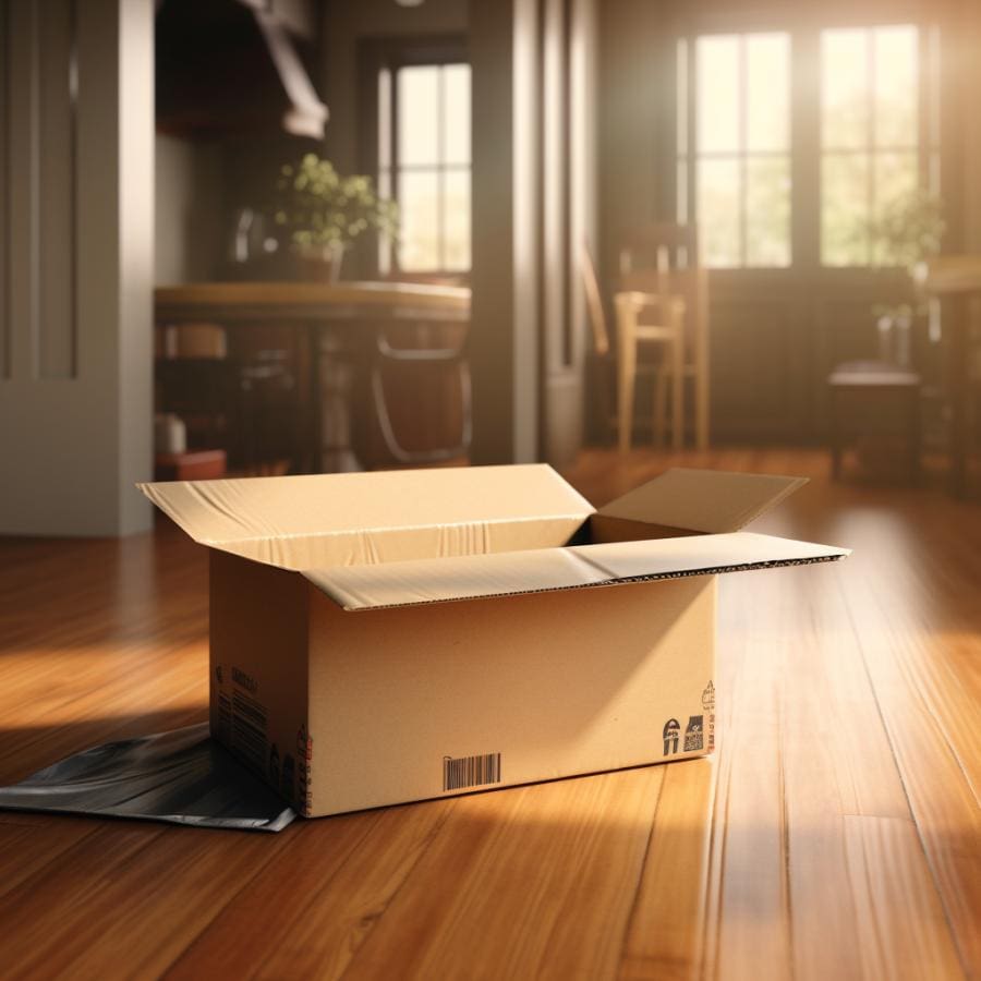 a cardboard box sitting on a wooden floor in a living room.