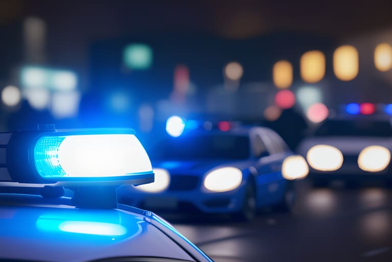 Police car with blue lights on the road at night responding to a burglary.