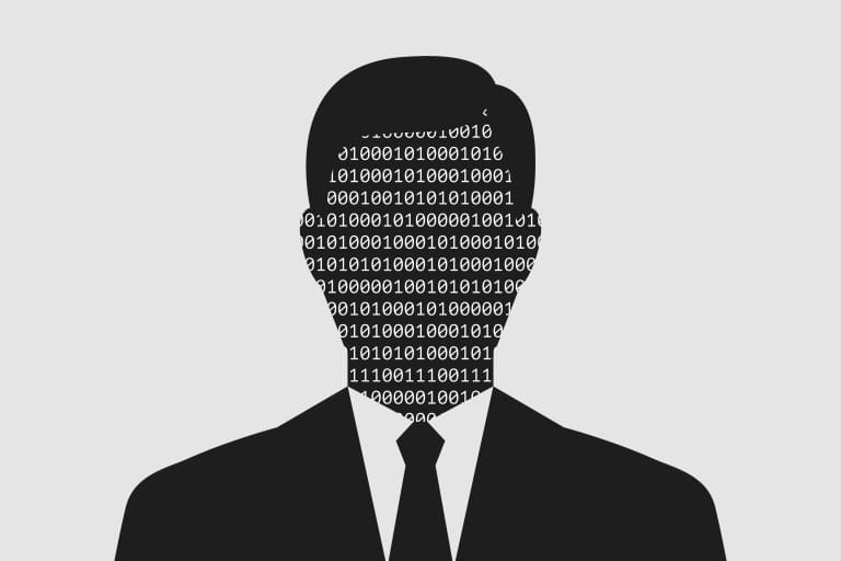 A silhouette of a businessman with binary code on his face.