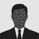 A silhouette of a businessman with binary code on his face.