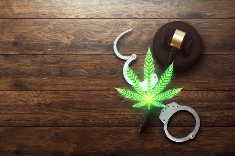 A gavel and a leaf on a wooden surface.