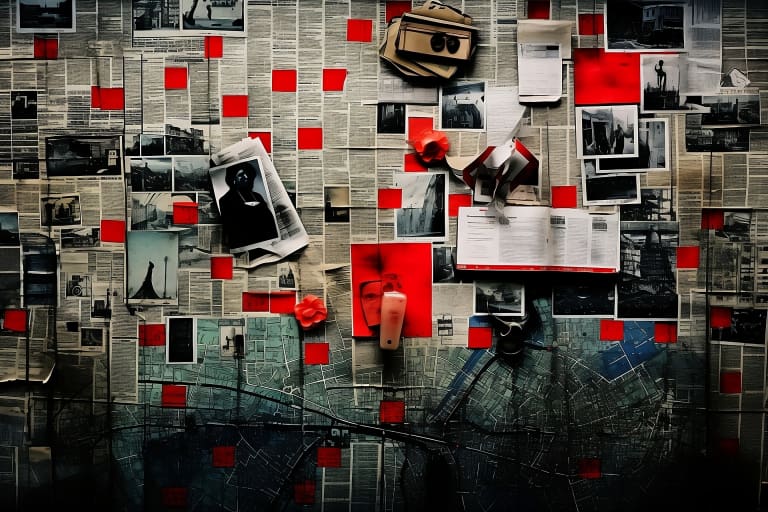A newspaper with red and black pictures on it.