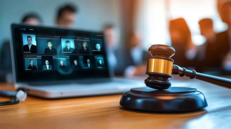 Laptop with court case participants attending virtually and a gavel sitting in front of it on a desk.
