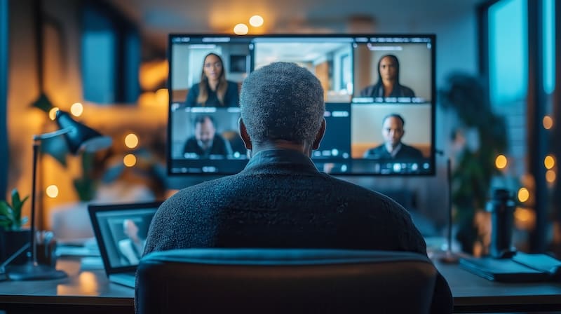 A person sitting in front of a computer screen with court case participants attending virtually.