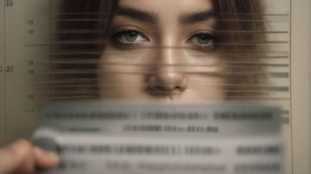 A woman is holding a mugshot in front of her face.