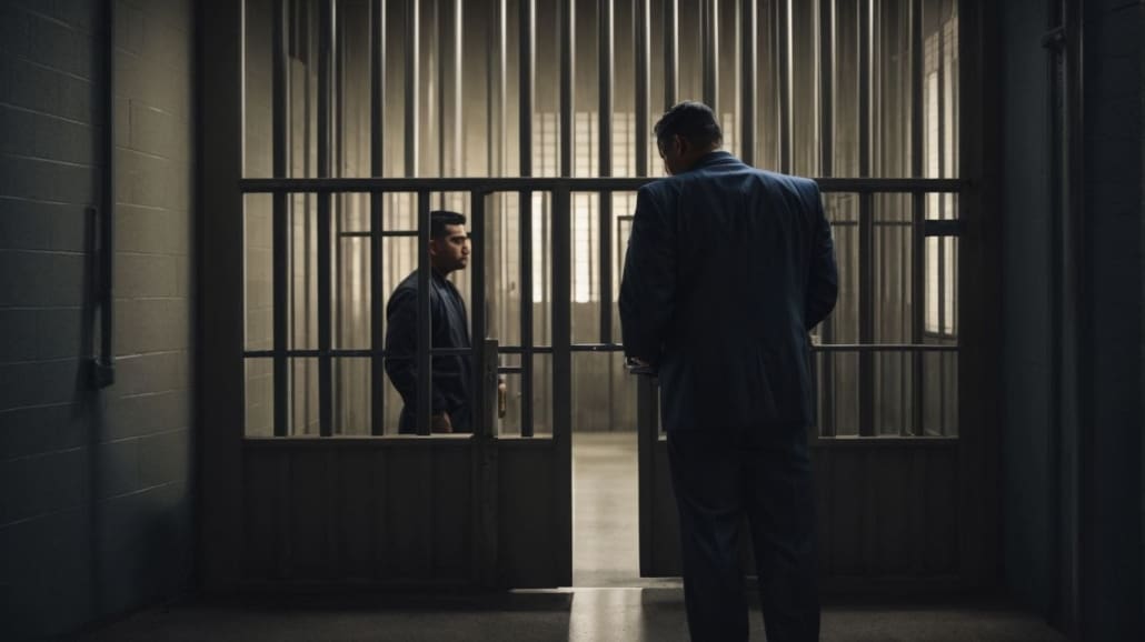 Two men, one of whom can bail the other out of jail, are standing in a jail cell.
