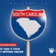 A sign shaped like a highway shield features the state of South Carolina with "SOUTH CAROLINA" in bold letters at the top. Below it reads, "Mugshots.zone South Carolina: 3 Steps to Take If Your Mugshot Appears Online," with the "Remove Mugshots" logo in the bottom corner.