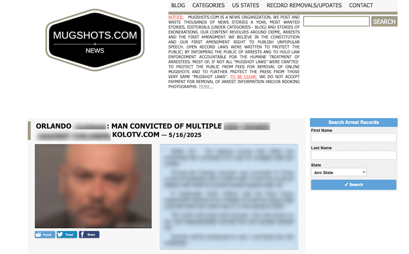 The home page of a mugshot website.